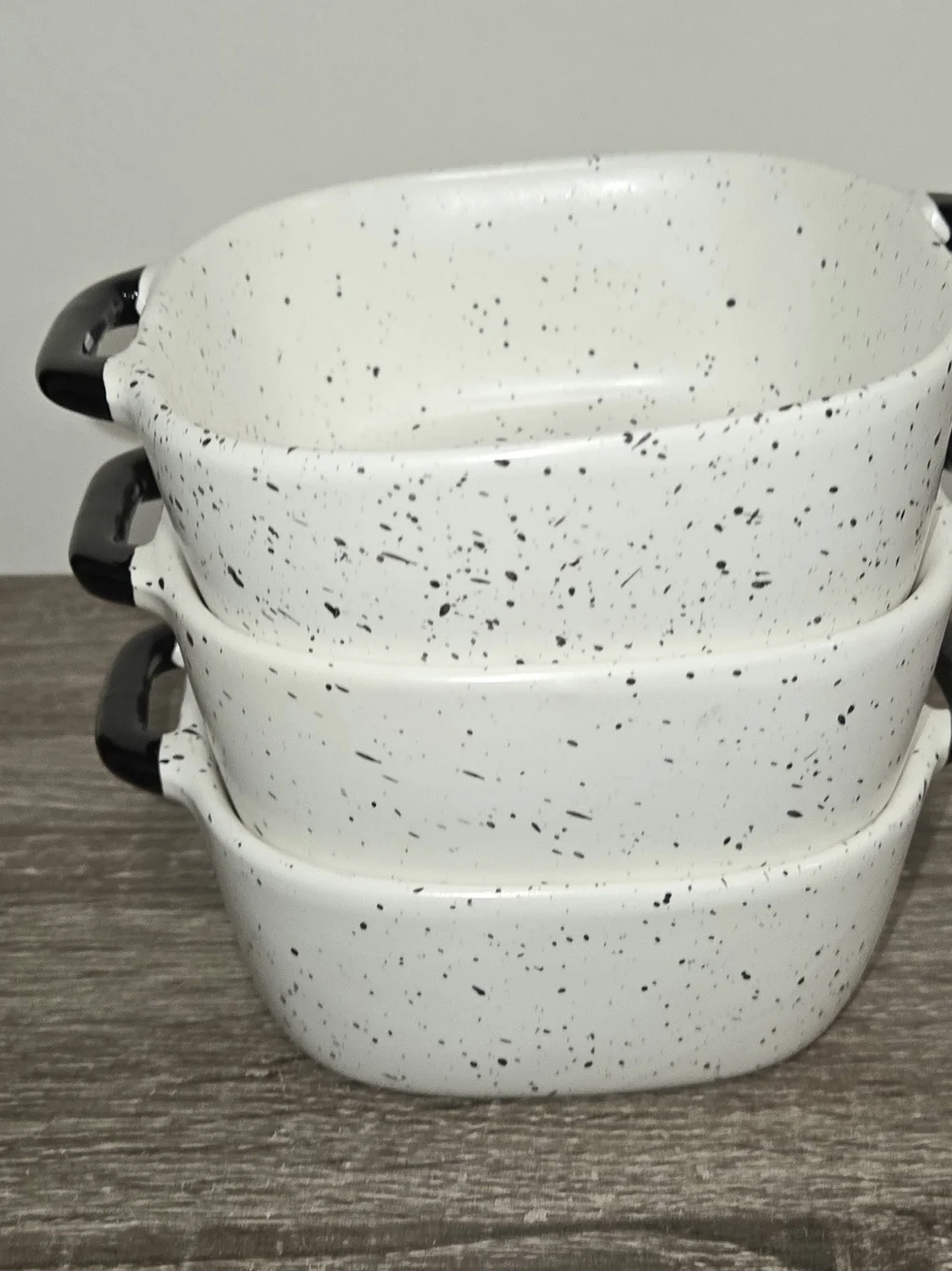 Lot of 3 Robert Stanley Oven Safe Ramekins Speckled White Black Square Dish.
